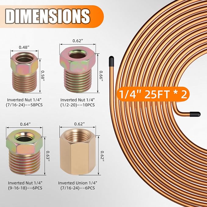 1/4" Brake Line Repair Kit, Double & Single Brake Line Flaring Tool Kit + 2 Set 25ft 1/4 Inch Brake Line with 80 Pcs Fittings(6 Unions Included) + Brake Line Bender