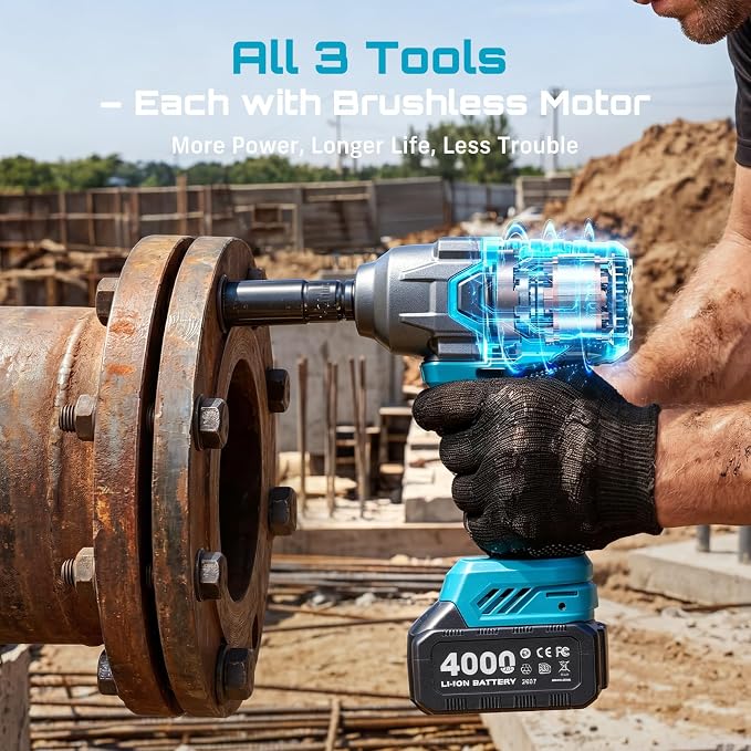Seesii Power Tool Combo Kits,1000N.m Impact Wrench1/2, 3/8" 180N.m Impact Driver and 1/4" 50N.m Impact Drill, Brushless, 2 * 4000mAh Bartteris,Fast Charger,Impact Gun For Car Home DIY
