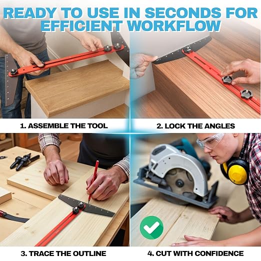 Professional Stair Tread Template Tool - Adjustable 8" to 46" Measuring Jig with Angle Markings, Aluminum Gauge for Accurate Installation, Flooring, Trim Molding & Home Improvement