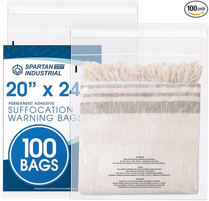 Spartan Industrial - 20" X 24" (100 Count) Self-Seal Clear Poly Bags With Suffocation Warning for Packaging, Bedding, Costumes - Permanent Adhesive