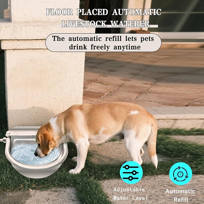 Automatic Dog Water Dispenser with Drain Hole & Drain Valve, Stainless Steel Auto Dog Water Bowl with 2 Float Valves, Hose Quick Connect Fitting, for Livestock, Chicken, Horse (1 Gallon)