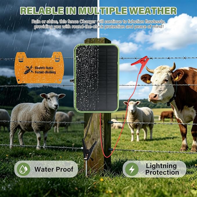 Solar Powered Electric Fence Charger, Energizer with Stand, Adjustable 5kV-9kV Output, 6000mAh Battery, 5.5W Solar Panel Perfect for Farms Gardens Orchards, Keeps Livestock Safe from Wildlife