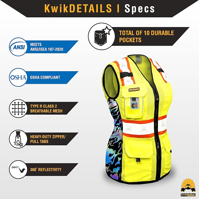 KwikSafety TIGER QUEEN Safety Vest for Women [Yellow, Large] + TORTOISE Full Brim Hard Hat Bundle