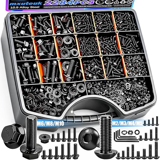 mxuteuk 2284PCS Metric Screws & Flange Bolt Assortment,Nuts and Bolts Assortment Kit M2/M3/M4/M5/M6/M8/M10 Machine Screws Kits,Grade 10.9 Alloy Steel Hex Socket Button Metric Screw