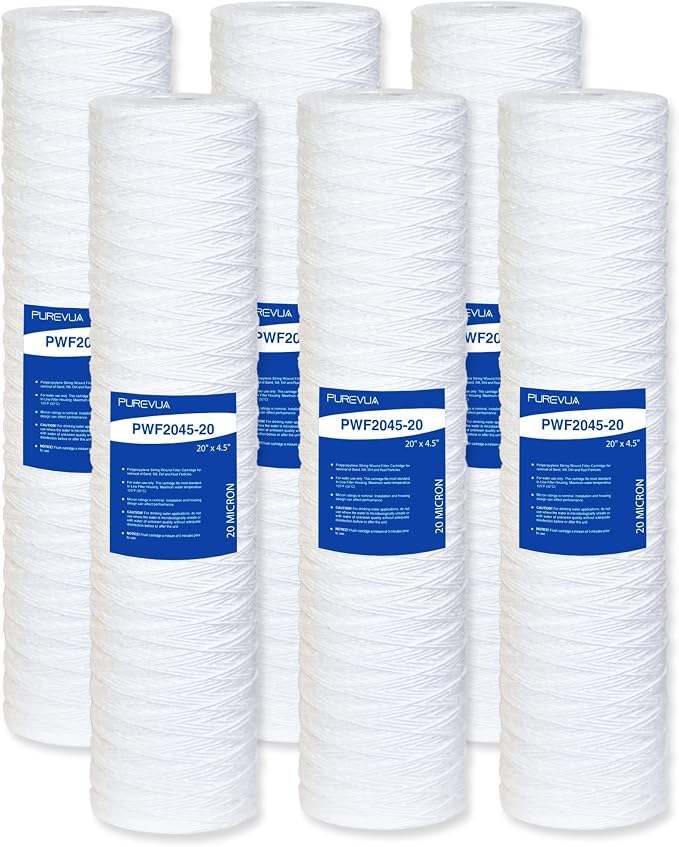 20 Micron 20"x4.5" String Wound Sediment Filter, Whole House Water Filter Cartridge for Well Water, Compatible with WP5BB20P, SWC-45-2005, Fits Standard 20" Big Housings, 6 Pack