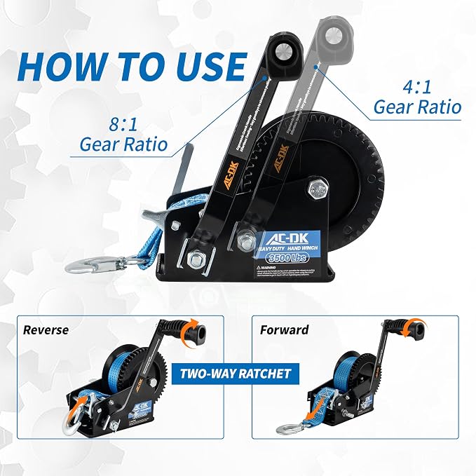 3500lbs Heavy Duty Boat Trailer Winch with 32FT Strap，2-Way Ratchet 4:1/8:1 Gear Trailer Winch，Portable Hand Crank Winch for Boat, Truck, Trailer, RV, ATV, Jet Ski