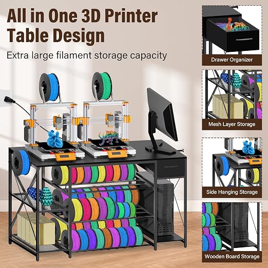 3D Printer Stand with Charging Station,Large 4-Tier 3D Printers Table with Holds 60+ Filament Storage and Storage Drawer,Filament Rack,Heavy Duty 3D Printer Desk for Workshop,Office and Garage,Black