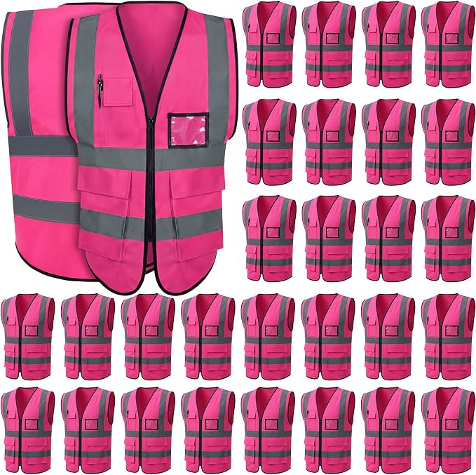Leumoi 30 Pack Reflective Safety Vest with Pockets and Zipper High Visibility Vest for Women Men Work