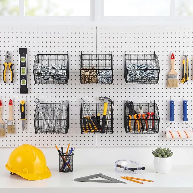 Reallnaive 6 Pack Black Pegboard Baskets Metal Wire Shelf Baskets 7.1 x 7.1 x 5.5 in Peg Board Organizer Accessories Wall Mount Organizer Bins for Tool Storage Craft Garage Workbench Room