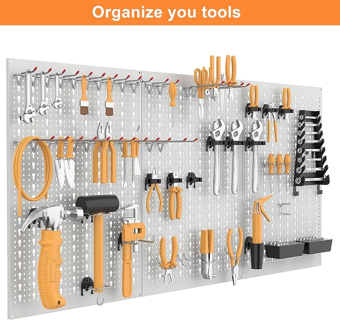 WALMANN Metal Pegboard Tool Organizer Boards with Pegboard Hooks, 24x48 in Tools Organizer Pegboard for Garage, Workbench, Peg Board, Tool Storage Board with Hooks(Grey)