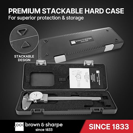 Brown & Sharpe 6-Inch Dial Caliper – Precision Stainless Steel Measuring Tool, White Dial, 0.001" Resolution, Hardened Construction, Shockproof Movement