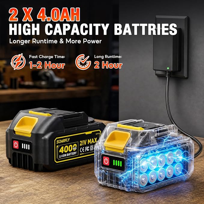 SOARFLY 1/2" Cordless Impact Wrench, 738 Ft-lbs (1000 N.m) High Torque 21V Brushless Electric Impact Gun with 2x 4.0Ah Batteries, Impact Driver with LED Light, 6 Sockets for Home Car/Mower/Truck RV