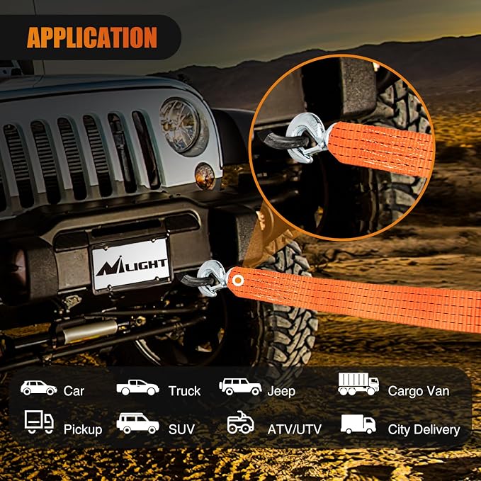 Nilight Tow Strap Heavy Duty with Safety Hooks 2”x20’ 10,000LBS Breaking Strength Towing Strap Rope for Trucks Vehicles Towing Accessories Cable Trailers, 2 Years Warranty
