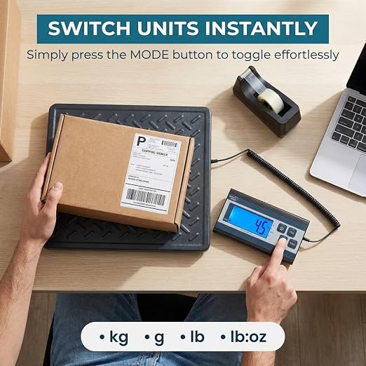 Smart Weigh Digital Postal Shipping Scale, 440 lb Capacity, 1 oz Readability, Tare Function, Battery or USB-C Power, Corded Display, Stainless Steel Large Platform, Black