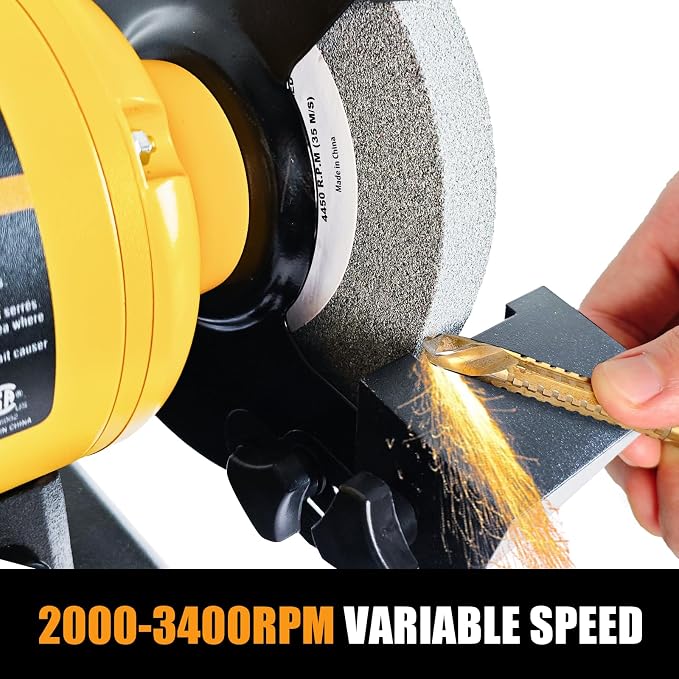 Woodskil 6 Inch Variable Speed Bench Grinder, 2000–3400 RPM Adjustable Speed, 2.5A Motor, Dual Grinding Wheels 36 & 60 Grit, Adjustable Tool Rest, Eye Shield for Sharpening Knives, Tools, Metal
