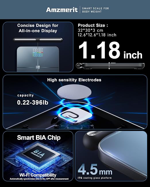 Smart Scale for Body Weight, 8-Electrode Larger Platform Digital Scale for Weight Fat BMI 50 Body Composition Measurement, Bluetooth & Wi-Fi Digital Bathroom Scale, Rechargeable, Dark Gray