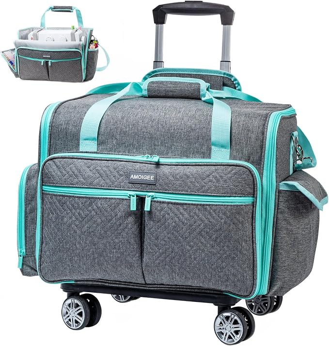 AMOIGEE Full-Open Sewing Machine Case with Wheels, Large Rolling Sewing Machine Bag with Detachable Foldable Dolly, Heavy-Duty Embroidery Tote for Brother Singer Janome Standard Machines Storage