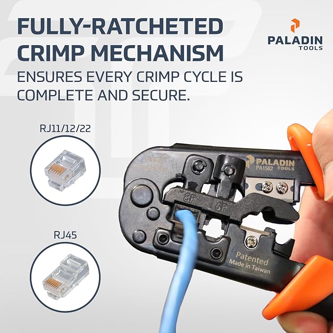 Paladin Tools PA1562 All-in-One Wire Crimper Tool – RJ45, RJ11, RJ22 - Pass-Through & Snagless Crimp Tool - Cut, Strip, Crimp