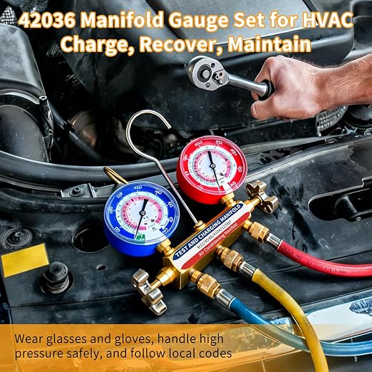 42036 Manifold Gauge Set, A2L Compatible, 3-1/8" (80mm) Anti Vibration Gauges, 60" Y/R/B Refrigerant Hoses, 1/4" Fittings, 2 Valve, for HVAC Test and Charging of R-32, R-454B, R-410A, R-1234yf