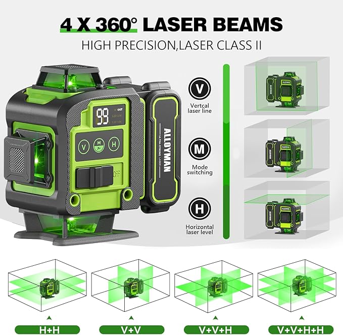 Laser Level with Tripod, Alloyman 4x360° Self Leveling Laser Level, Green Line Laser 4D Laser Leveler Tool with 2Pcs Lithium Batteries for Picture Hanging, Tile, Home Renovation, Indoor(Green)