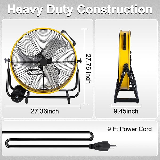 hykolity 24 inch 8100 CFM High Velocity Industrial Drum Fan, 3-Speed Heavy Duty Metal Shop Fan for Warehouse, Garage, Workshops, Factory, UL Listed, Yellow