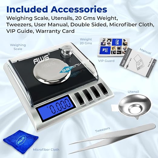 AWS Gemini-50 Milligram Scale 50g x 0.001g–Digital Jewelry/Lab Scale for Powder, Gold, Gems – Includes Calibration Weights, Tweezers & Tray–Tare, Cal, 6 Units (Gemini-50g-Black)