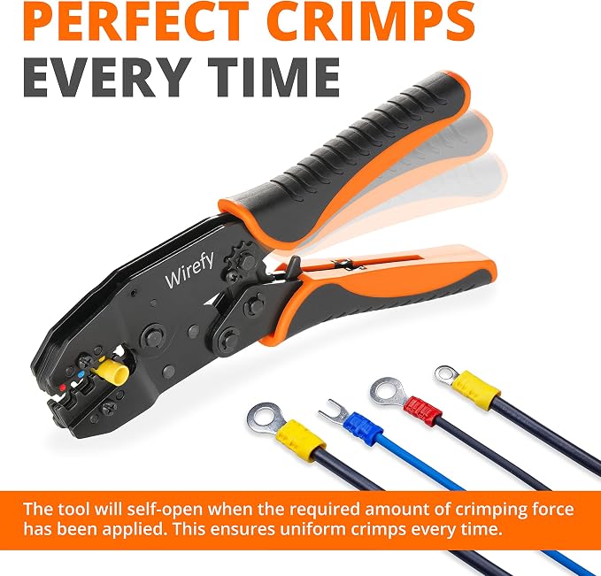 Wirefy Crimping Tool For Insulated Electrical Connectors AWG 22-10 - Ratcheting Wire Crimper Tool - Crimping Pliers - Ratchet Terminal Crimper - Wire Crimping Tool