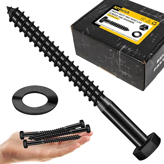 Mywish (50Sets) 3/8" x 4" Lag Bolts, 304 Stainless Steel 3/8 inch Lag Screws Bolts for Wood, Heavy Duty Hex Head with Flat Washers Bolt Kit, Black Oxided
