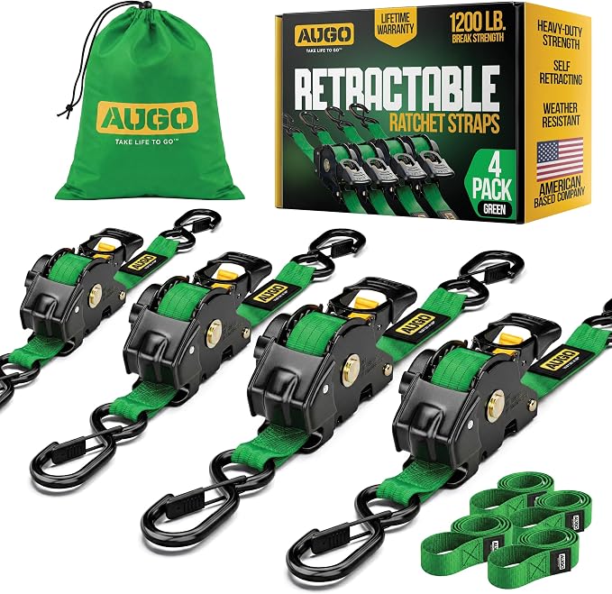 AUGO Retractable Ratchet Straps | 4 Heavy Duty Self Retractable Tie Down Straps with Soft Loops & Storage Bag for Motorcycle, Truck, Trailer, Cargo Van | 1200 Lb Break Strength 1' x 10'
