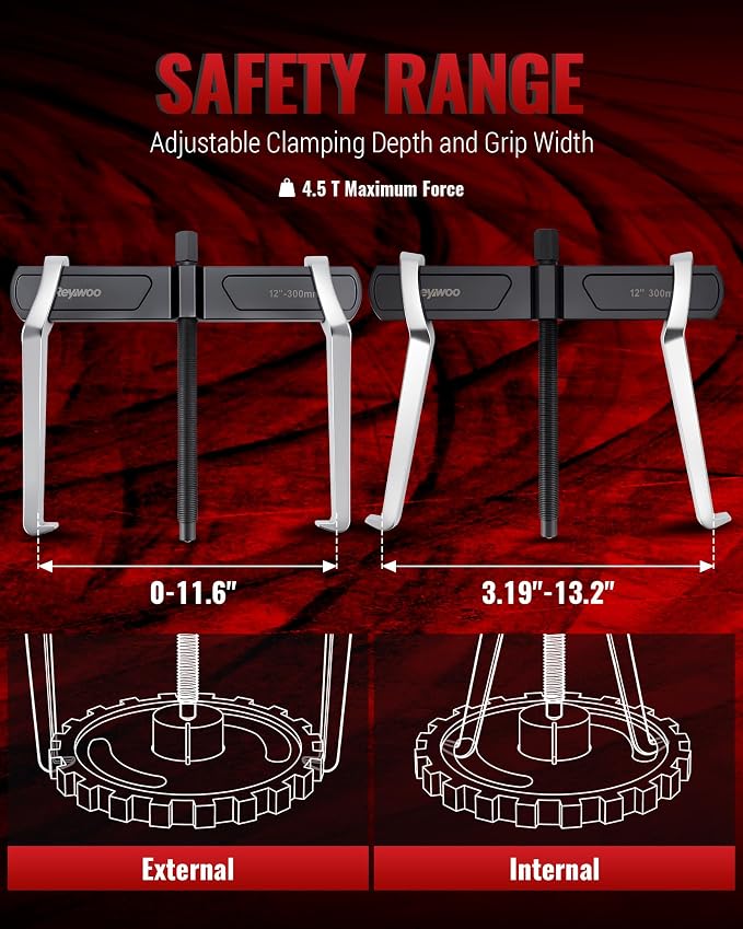 Reywoo 12" 2-Jaw Gear Puller for External (11.6" Max) & Internal (13.2" Max) Pulling, Heavy-Duty Bearing, Flywheel, Pulley and Gear Remover Tool, Adjustable CR-V Steel
