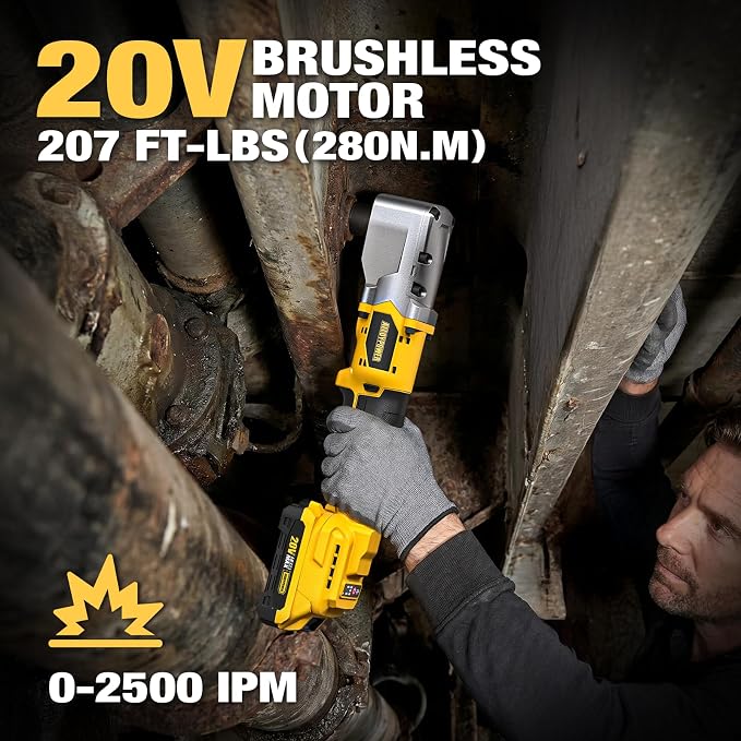 20V Brushless Right Angle Wrench, 1/2" Cordless Ratchet with 207 Ft-lbs(280N.m), Slim 90° Head for Tight Spaces, Automotive Repair, Engine Bay & Machinery Maintenance, 2 Batteries