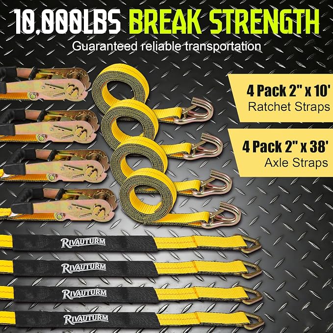 4 Pack Car Tie Down Straps for Trailers - 2" x 10' Ratchet Straps with J-Hooks and 2" x 38'' Axle Straps 10,000lbs Break Strength Heavy Duty Car Hauler Tire Straps for Car, Trailer, UTV Transport