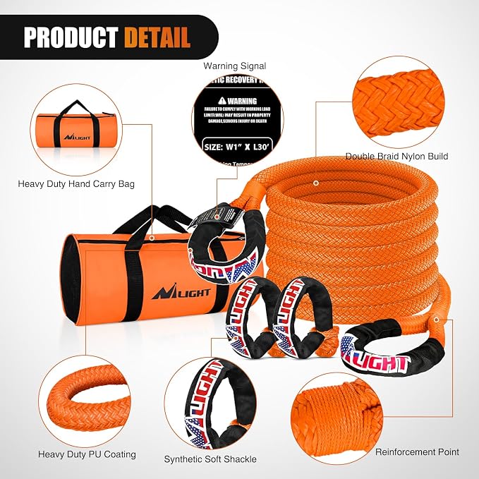 Nilight Kinetic Recovery Tow Rope Kit with 2 Soft Shackle 1" x 30ft Heavy Duty Offroad Tow Rope Snatch Strap Towing Strap kit (33,000LBS) for UTV ATV SUV Truck Car Jeep Tractor
