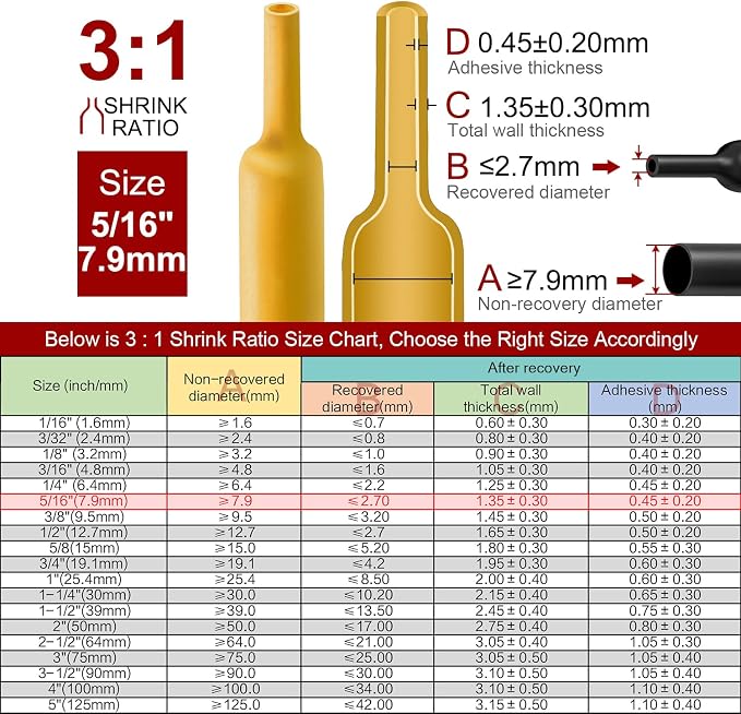 Chanzon 3:1 Ratio 5/16" (7.9mm) Heat Shrink Tubing - Marine Grade Waterproof Adhesive Lined - 8Ft Roll (2.5M Total Length) Yellow Polyolefin Sleeving Wrap Shrinking 3 to 1 Ratio 1pcs