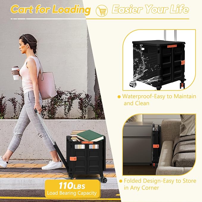 Foldable Utility Cart Rolling Crate Handcart Shopping Cart with Rotate Wheels Extended Magnetic Lid Telescoping Handle Adjustable Angle for Transports Groceries Office Teacher File(Black)
