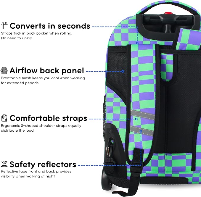 J World Sundance Laptop Rolling Backpack for Girls Boys. Roller Bookbag with Wheels, 20 Inch, Pixel Checkers
