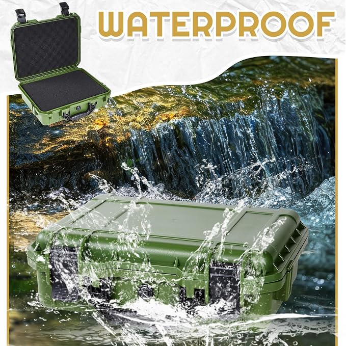 Relaxweex 1 Pcs Waterproof Hard Case with DIY Customizable Foam Insert Portable Protective Case with Knife for Camera Drones Equipments Tools Test Instruments(Green,14.3 x 11.4 x 4.5 Inch)