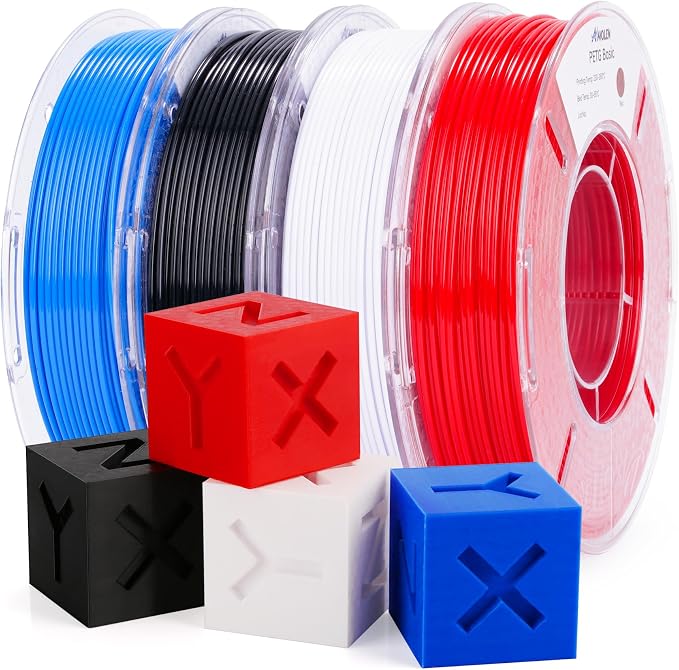 AMOLEN PETG Filament 1.75mm,PETG 3D Printer Filament Bundle,Black,White,Red,Blue Filament,3D Printing Filament Bundle,250g X 4 Spools 4 Colors Multi Color Bundle