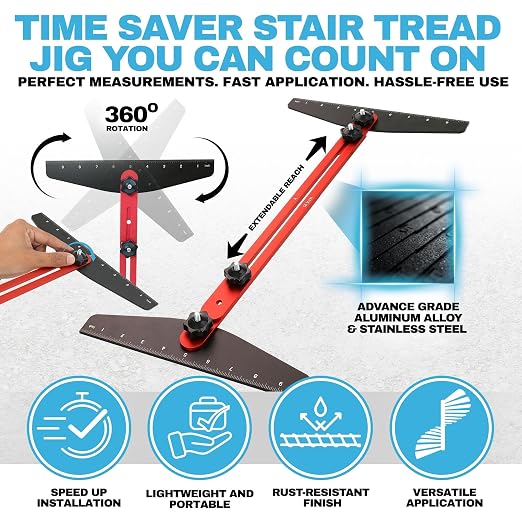 Professional Stair Tread Template Tool - Adjustable 8" to 46" Measuring Jig with Angle Markings, Aluminum Gauge for Accurate Installation, Flooring, Trim Molding & Home Improvement