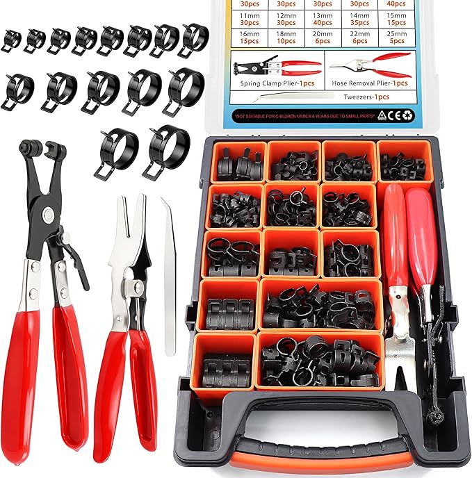 352Pcs 6-25mm Spring Band Hose Clamps Assortment Kit with Spring Clamp Plier & Hose Clamp Plier for Fuel Lines,Automotive,Marine,Gardening,Vacuum Hoses