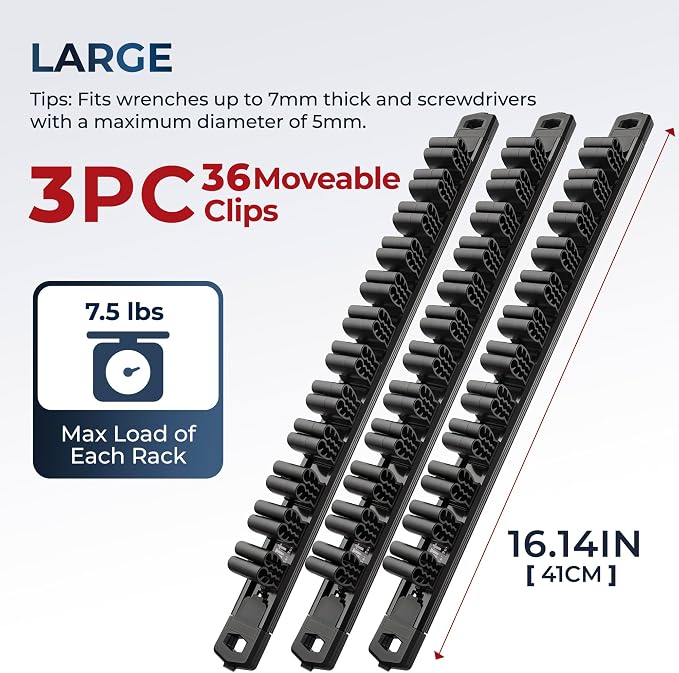 Reniteco 3-Piece Magnetic Screwdriver Organizer and Magnetic Wrench Organizer, Aluminum Rail Tool Holder, 36 Removable Clips, Fits Screwdrivers, Wrenches & Hand Tools, Dual Mount, Tools Not Included