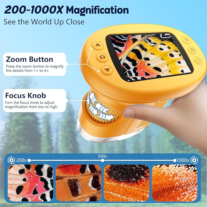Odatay 4K 1000X Digital Microscope for Kids with Long Distance Viewing & 2.4" Screen, Portable Handheld Edu Toys for Kids Age 3-12 Exploring Bugs Plants at Home Classroom & Outdoor Travel, Yellow