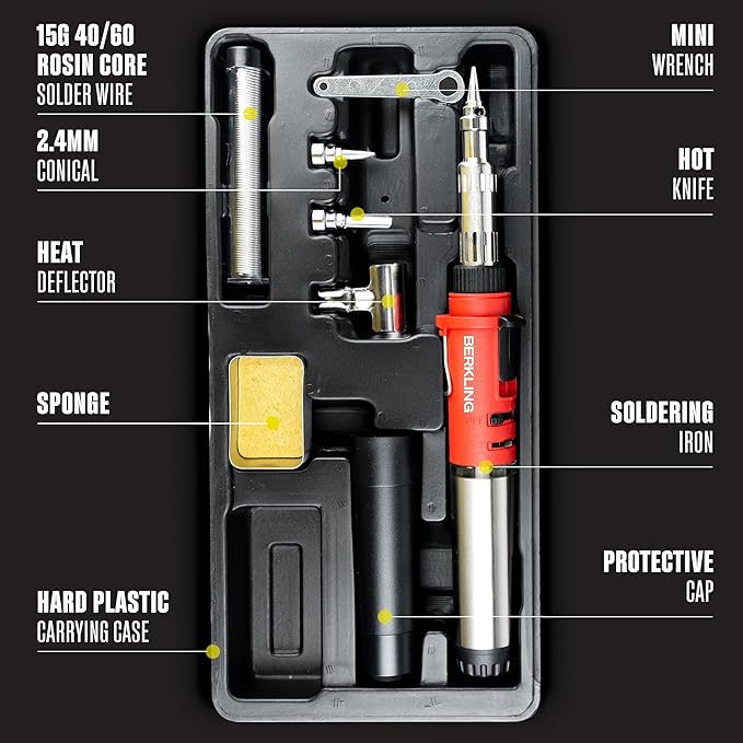 Berkling Premium Butane Soldering Iron Kit - Portable Cordless Welding Micro Solder Torch Heat Gun, 3 Pro Grade Tips, 15g Lead-Free Rosin Core Solder Wire, Mini Wrench, Sponge (BSG-668 Kit Red)