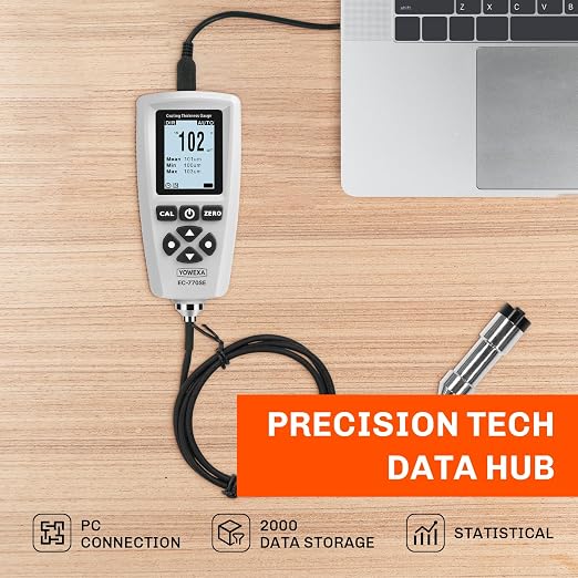 EC-770SE Professional Coating Thickness Gauge with External Probe, Digital Paint Thickness Meter, Auto-Detect Fe/NFe, 0–2000μm Measuring Range,2000 Reading Memory, USB Data Export