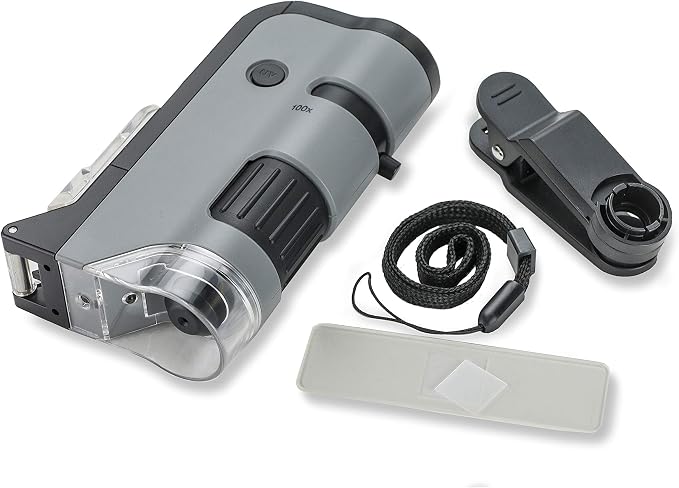 Carson MicroFlip 100x-250x LED and UV Lighted Pocket Microscope with Flip Down Slide Base and Adapter with CarsonCam Phone App - Set of 4 (MP-250MU)