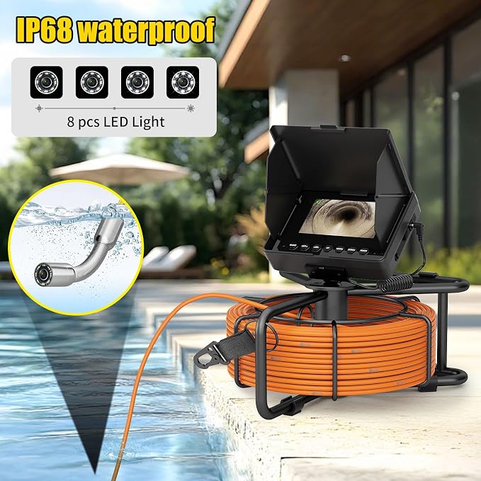 Sewer Camera 100ft/30m, 17mm Plumbing Snake Borescope with 8pcs LEDs Light, 4.3" Screen 1000TVL Pipe Inspection Camera with 8500mAh Battery Without Recorder
