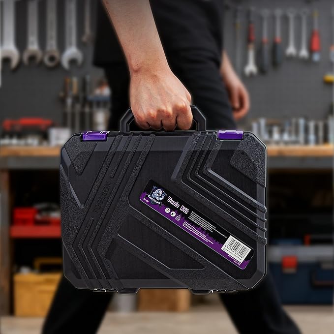 CARTMAN 150PCS 8V Cordless Drill Hand Tool Set, Purple Household Repair Kit | All-Inclusive Tool Assortment With 8V Drill, Great For Home Upkeep, DIY Crafting And Daily Household Fixes