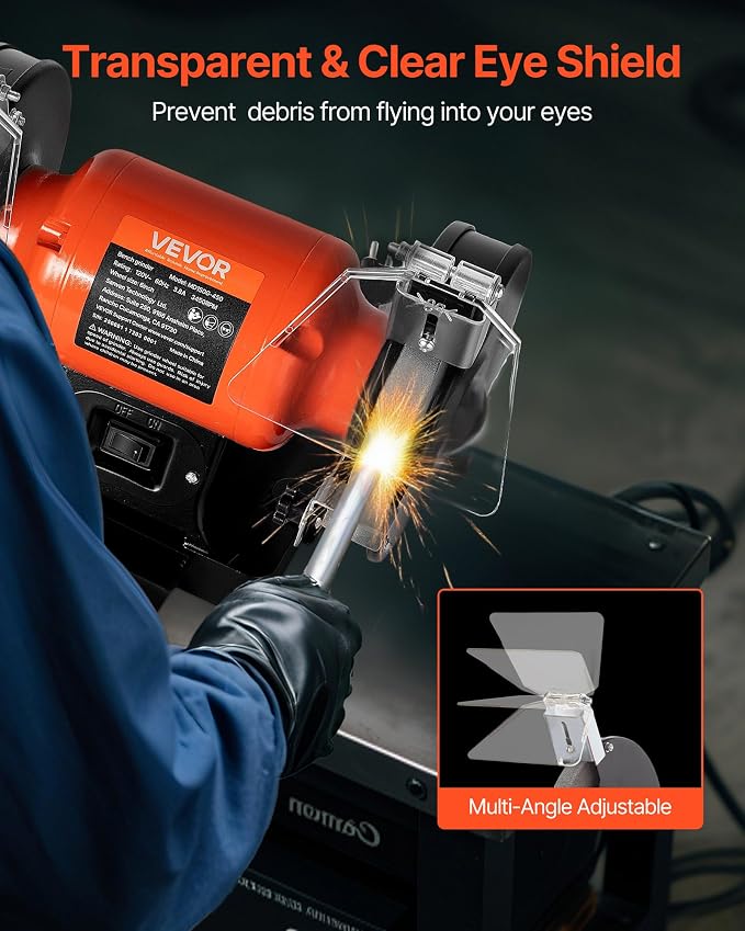 VEVOR Bench Grinder, 6-in Single Speed, 3450RPM High-Speed Table Grinders with 450W 3.8A 3/5Hp Induction Motor, 36/60-Grit Grinding Wheel & Adjustable Eye Shield for Fast Sharpening Grinding