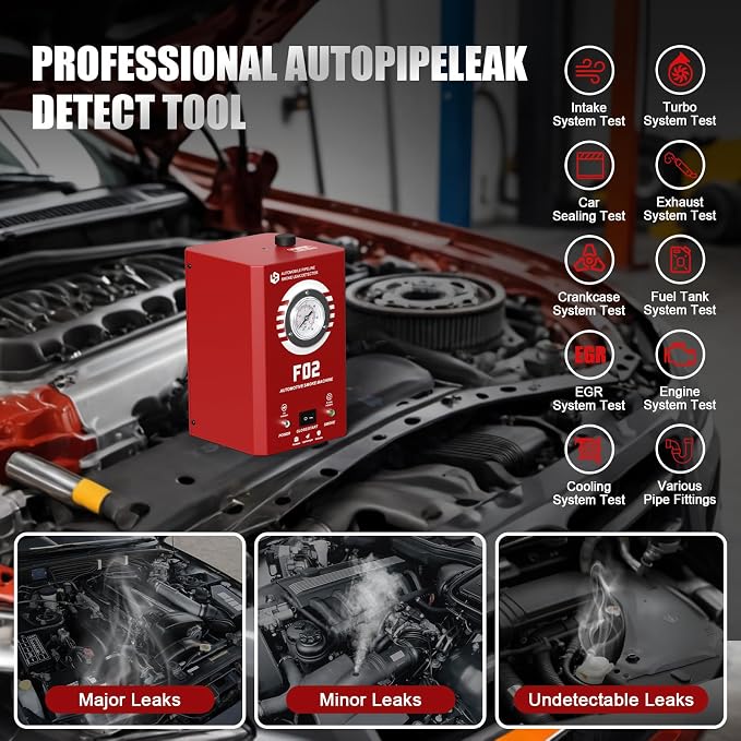 Smoke Machine Automotive with Pressure Gauge, F02 EVAP Smoke Leak Detector Tester for Car & All 12V DC Vehicles in Vacuum, Fuel Diagnostic Pipe System, Built-in Air Pump (Oil Not Included)