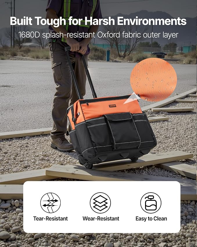 VEVOR 20" Rolling Tool Bag, 110 lbs Load Capacity, 27 Pockets Heavy Duty Roller Tool Bag on Wheels, Adjustable Telescoping Handle & Stable Base, Toolbag Organizers w/Wheels for Construction, Mechanic